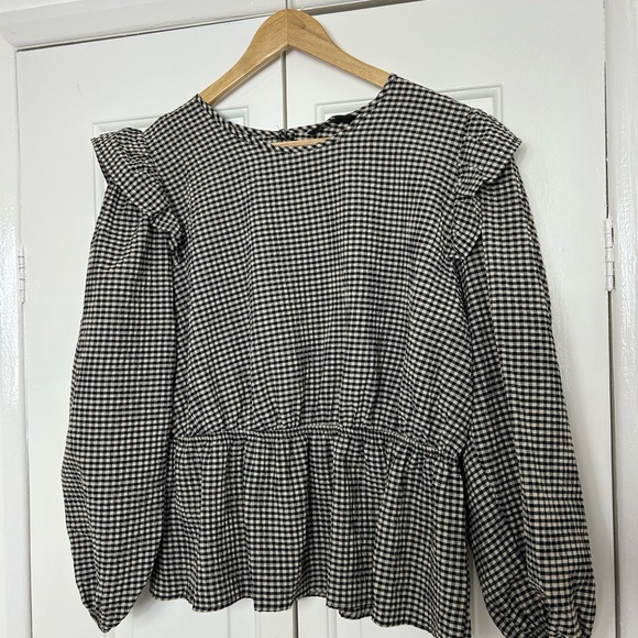 George top UK 16 black beige gingham check plaid frill blouse - Picture 3 of 9